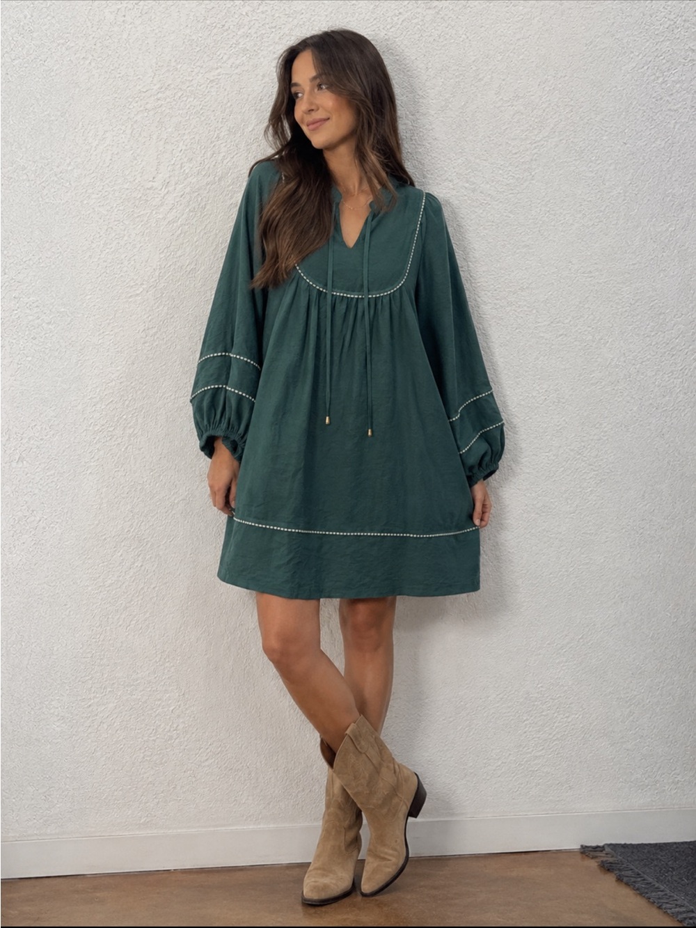 Umgee Dark Green Mini Peasant Dress with White Stitching